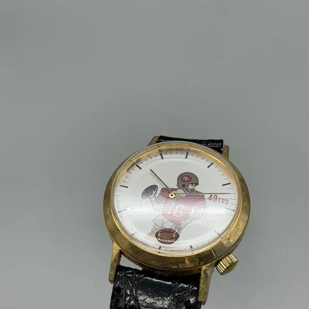Vintage San Francisco 49ers Mens Watch 35mm White Dial Gold Manual Wind Leather
